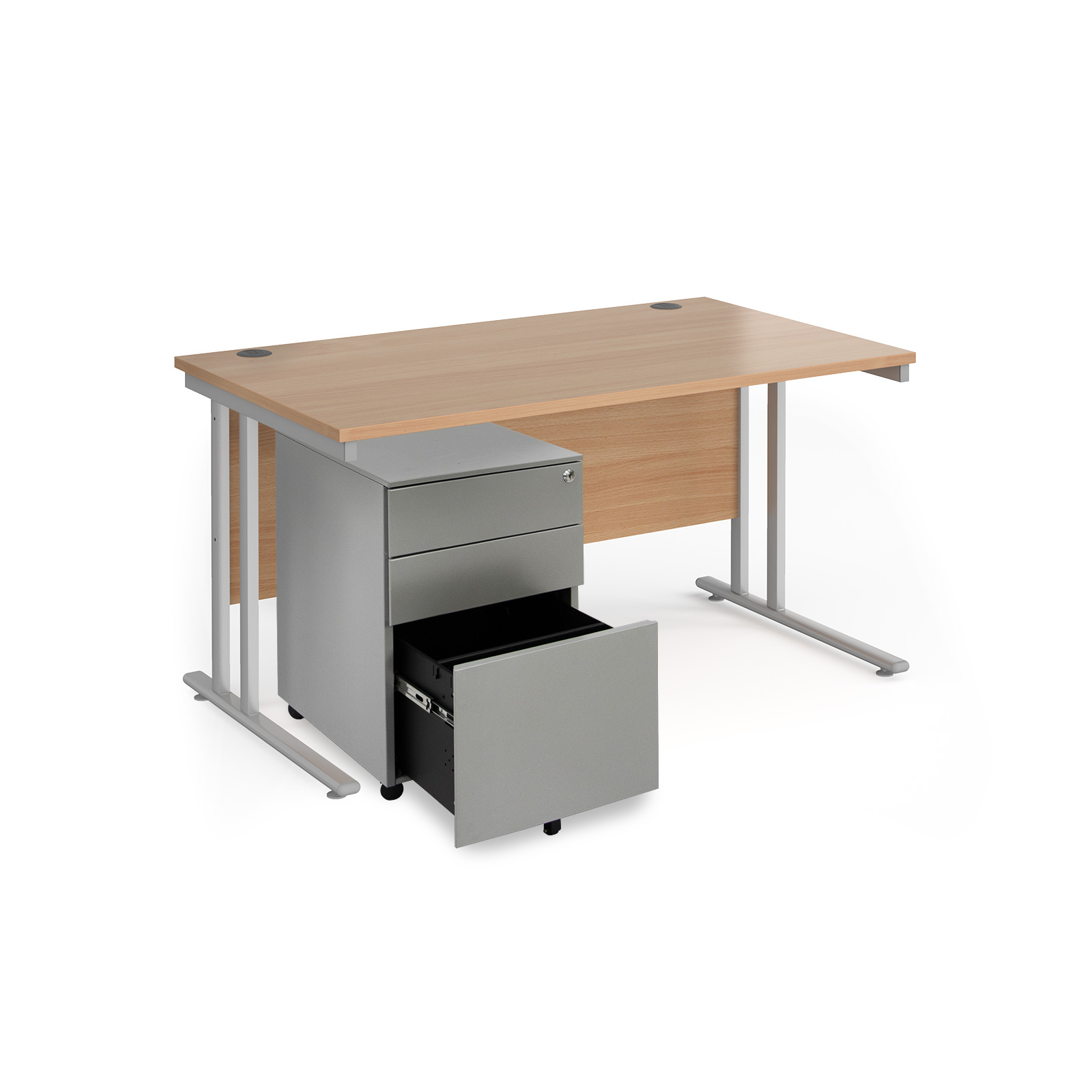 Picture of Maestro 25 bundle straight 1400 desk, silver leg frame and silver steel ped - Beech
