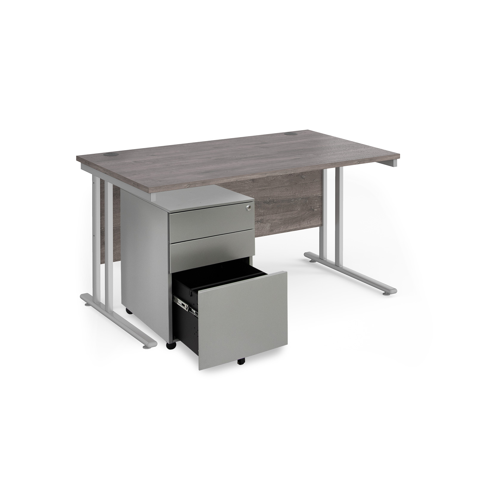 Picture of Maestro 25 bundle straight 1400 desk, silver leg frame and silver steel ped - Grey Oak