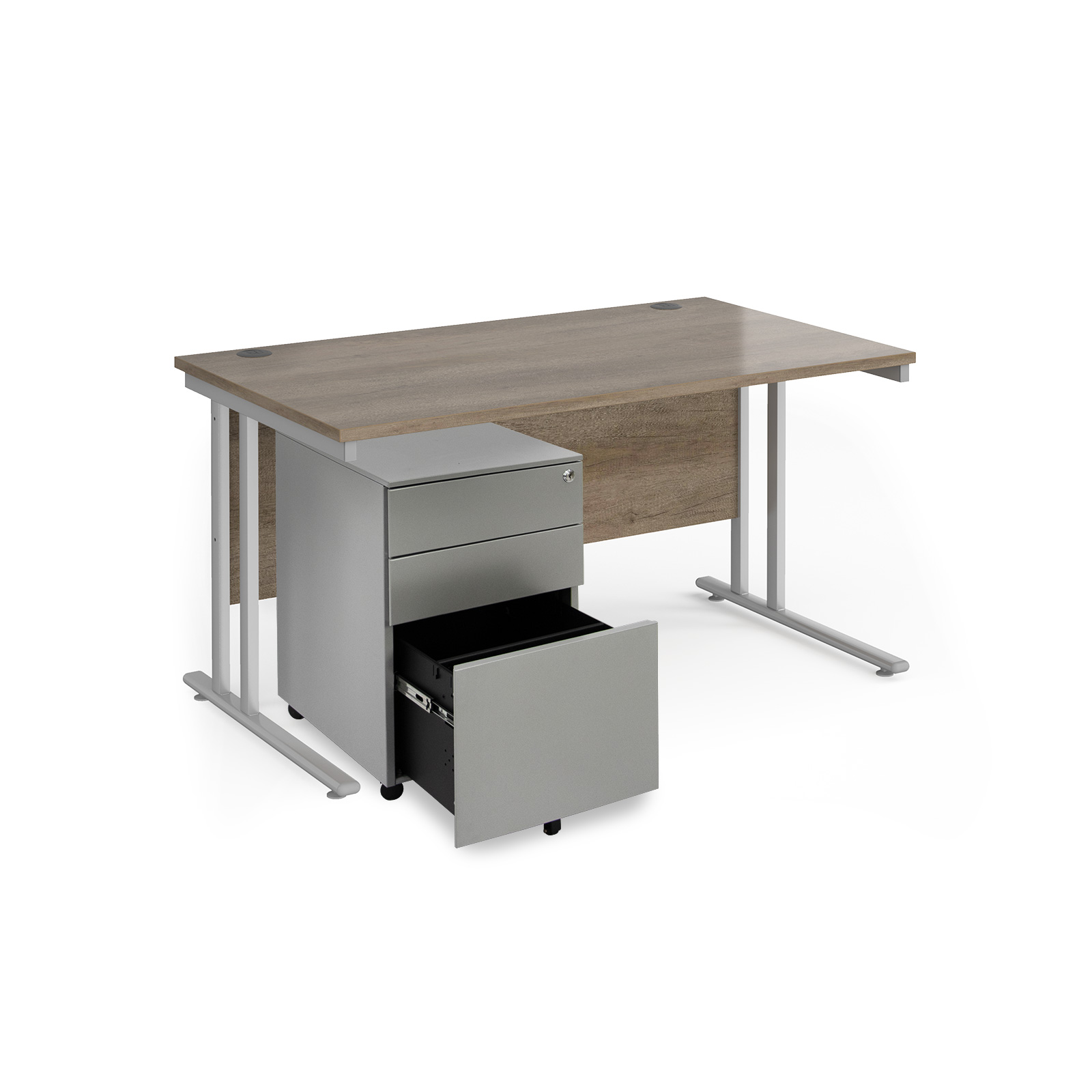 Picture of Maestro 25 bundle straight 1400 desk, silver leg frame and silver steel ped - Nebraska Oak