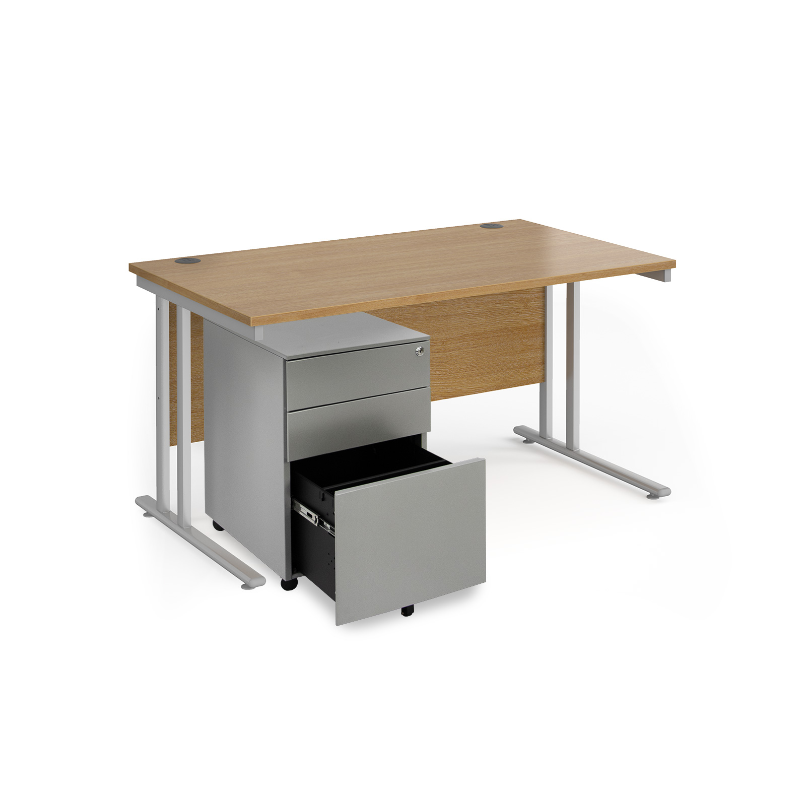 Picture of Maestro 25 bundle straight 1400 desk, silver leg frame and silver steel ped - Oak