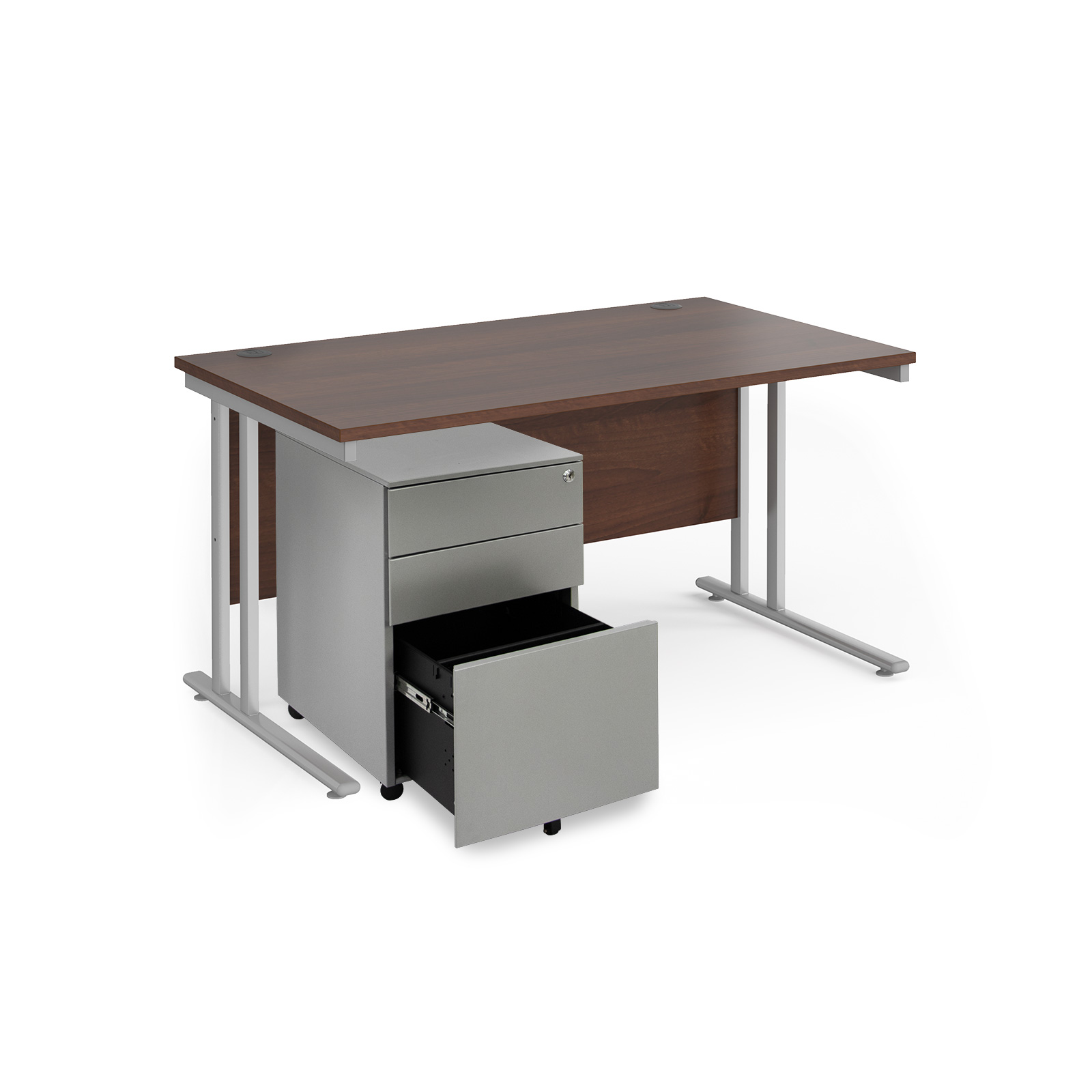 Picture of Maestro 25 bundle straight 1400 desk, silver leg frame and silver steel ped - Walnut