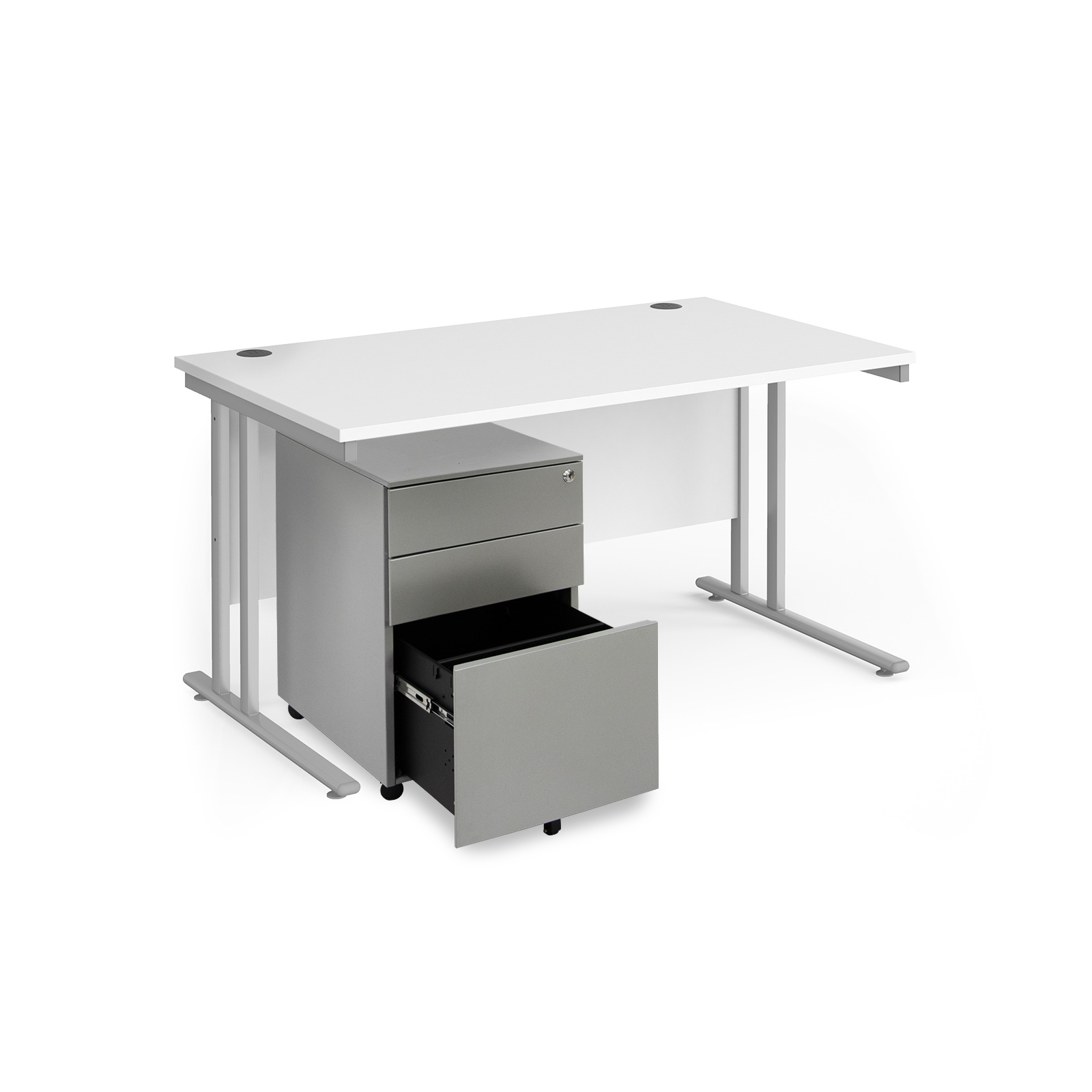 Picture of Maestro 25 bundle straight 1400 desk, silver leg frame and silver steel ped - White