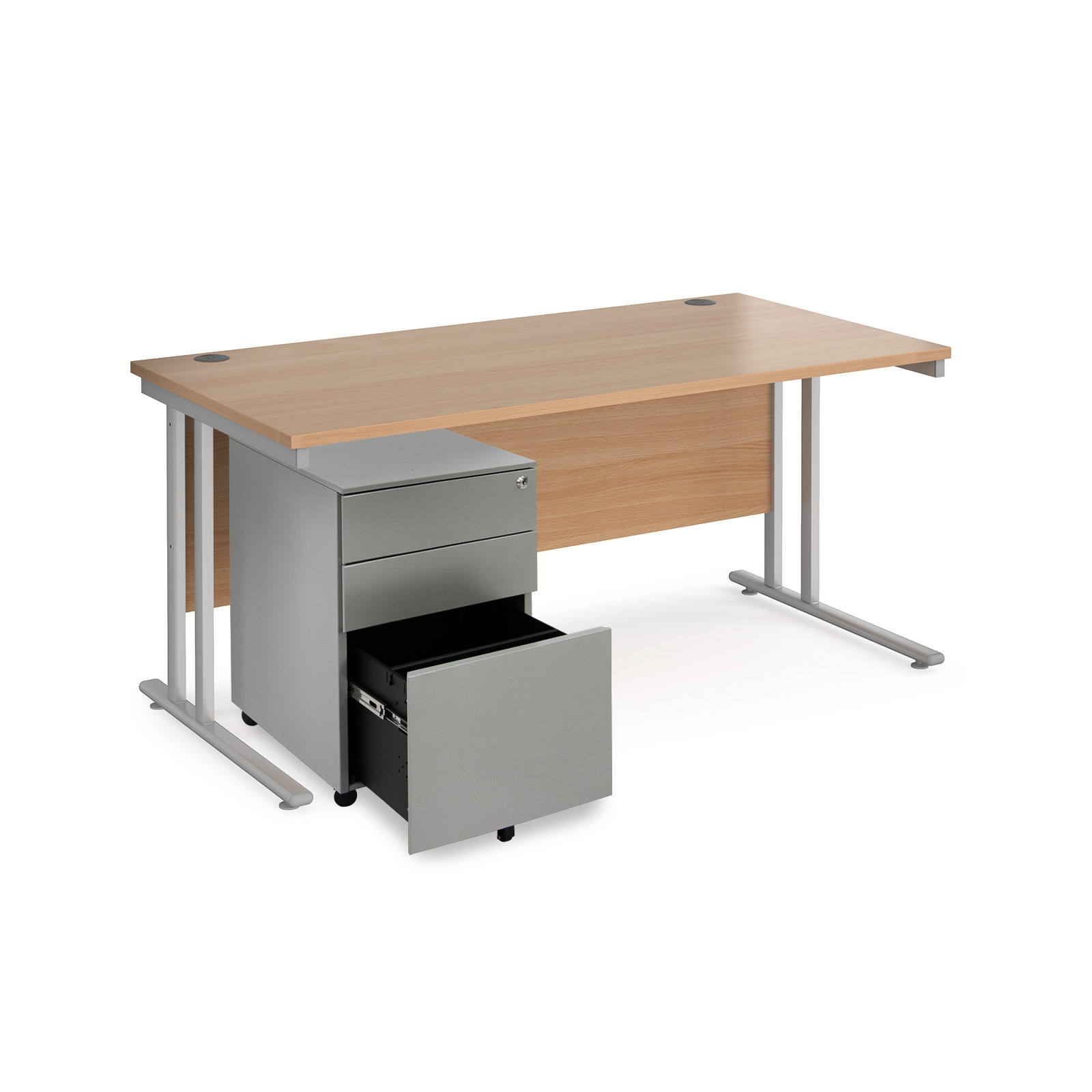 Picture of Maestro 25 bundle straight 1600 desk, silver leg frame and silver steel ped - Beech