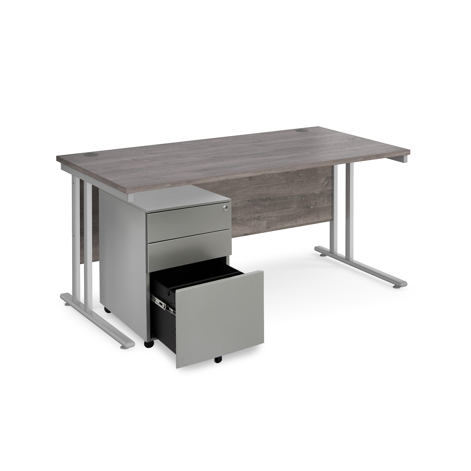 Picture of Maestro 25 bundle straight 1600 desk, silver leg frame and silver steel ped - Grey Oak
