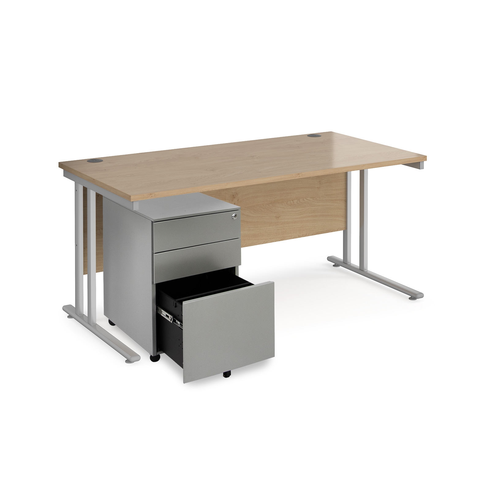 Picture of Maestro 25 bundle straight 1600 desk, silver leg frame and silver steel ped - Kendal Oak