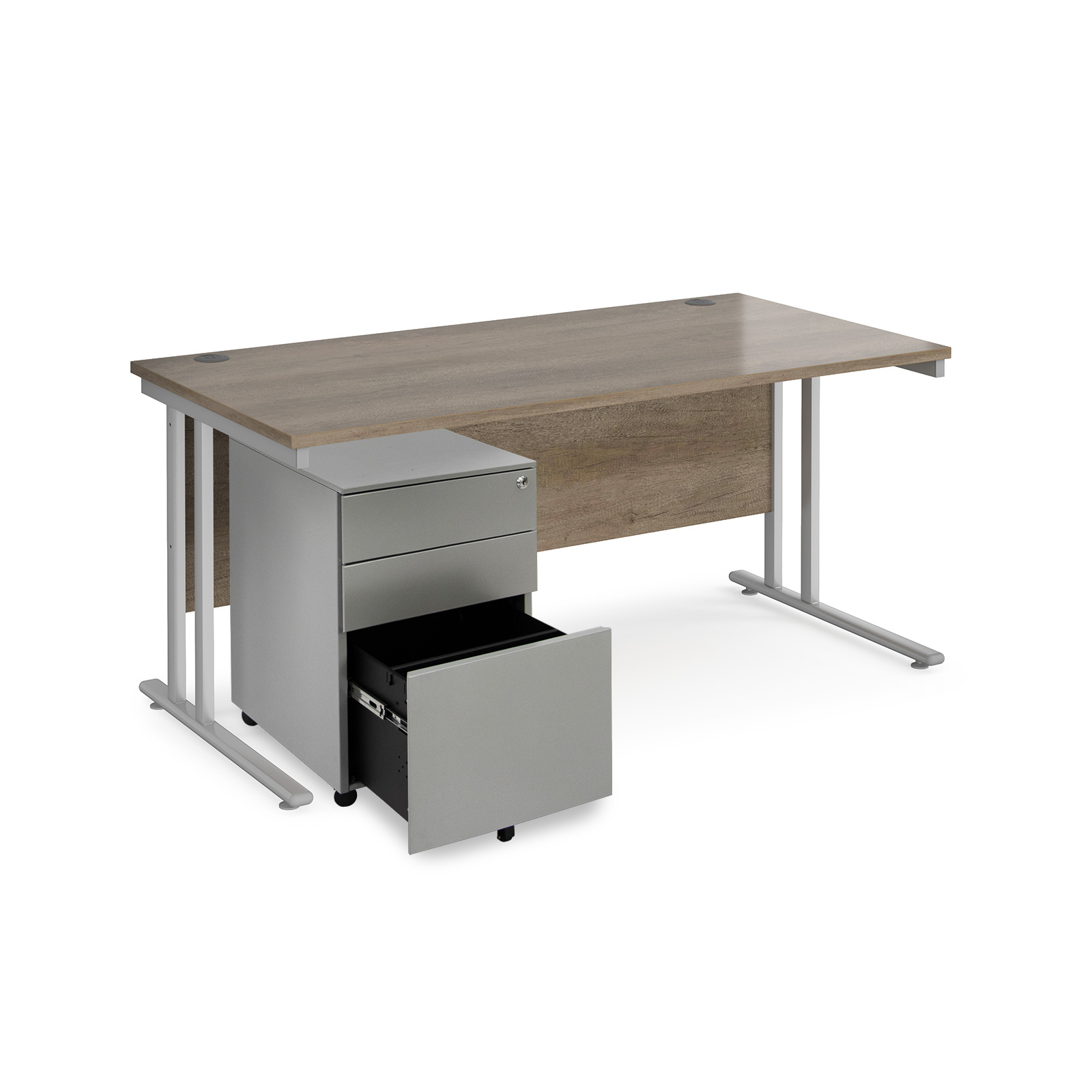 Picture of Maestro 25 bundle straight 1600 desk, silver leg frame and silver steel ped - Nebraska Oak