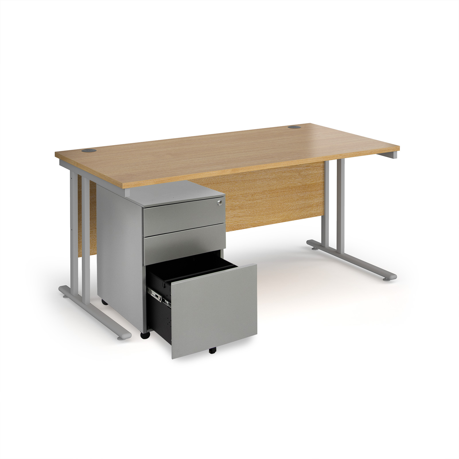 Picture of Maestro 25 bundle straight 1600 desk, silver leg frame and silver steel ped - Oak