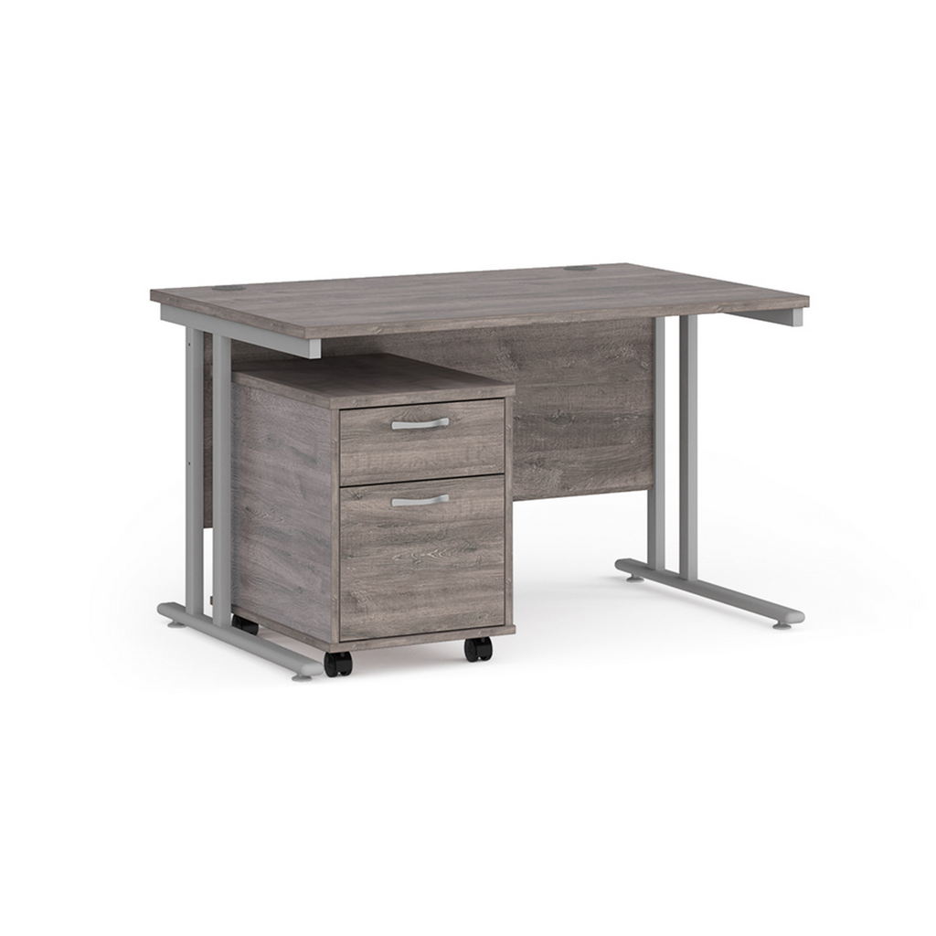 Picture of Maestro 25 straight desk 1200mm x 800mm with silver cantilever frame and 2 drawer pedestal - grey oak