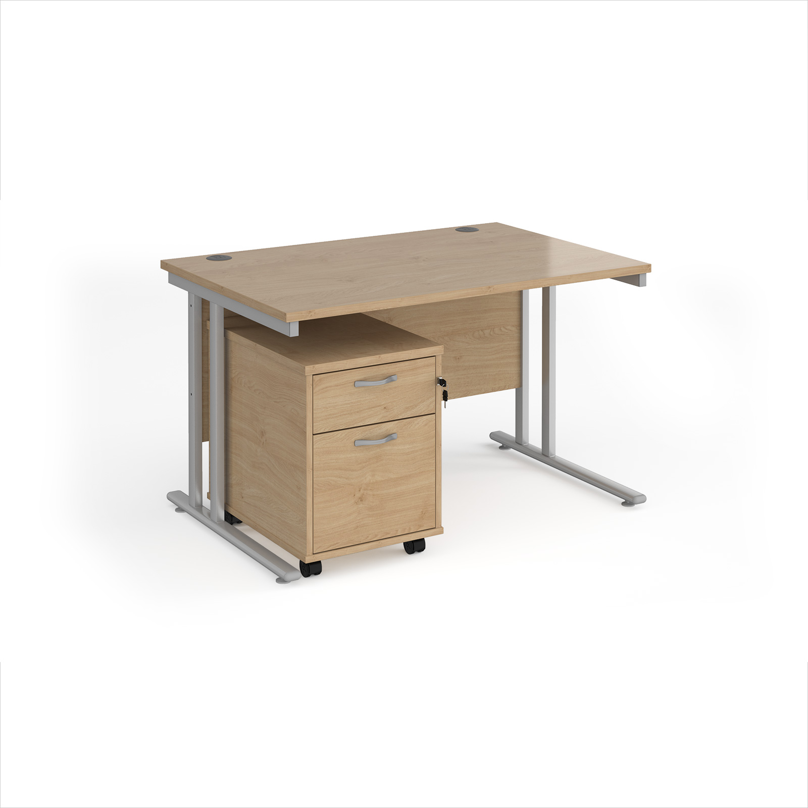 Picture of Maestro 25 straight desk 1200mm x 800mm with silver cantilever frame and 2 drawer pedestal - Kendal Oak