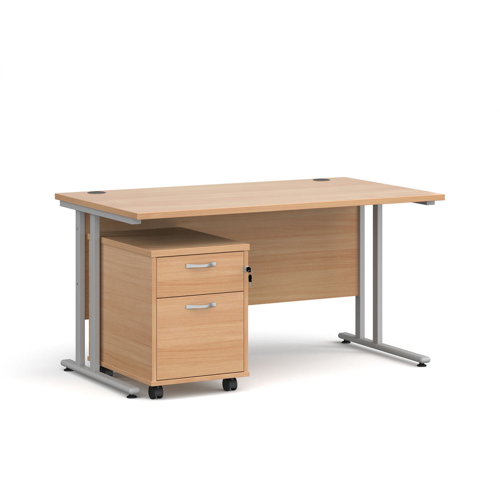 Picture of Maestro 25 straight desk 1400mm x 800mm with silver cantilever frame and 2 drawer pedestal - beech