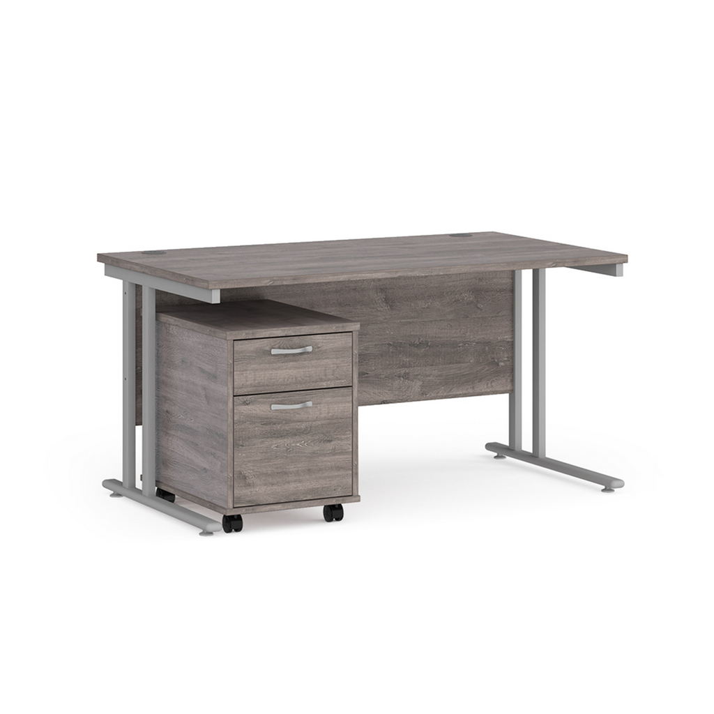 Picture of Maestro 25 straight desk 1400mm x 800mm with silver cantilever frame and 2 drawer pedestal - grey oak