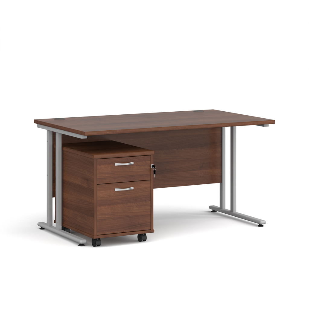 Picture of Maestro 25 straight desk 1400mm x 800mm with silver cantilever frame and 2 drawer pedestal - walnut