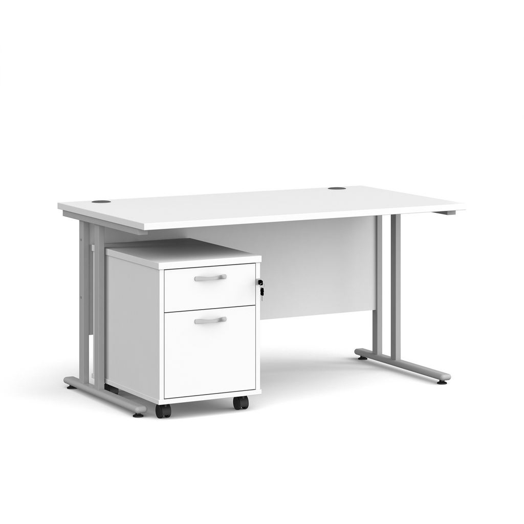 Picture of Maestro 25 straight desk 1400mm x 800mm with silver cantilever frame and 2 drawer pedestal - white