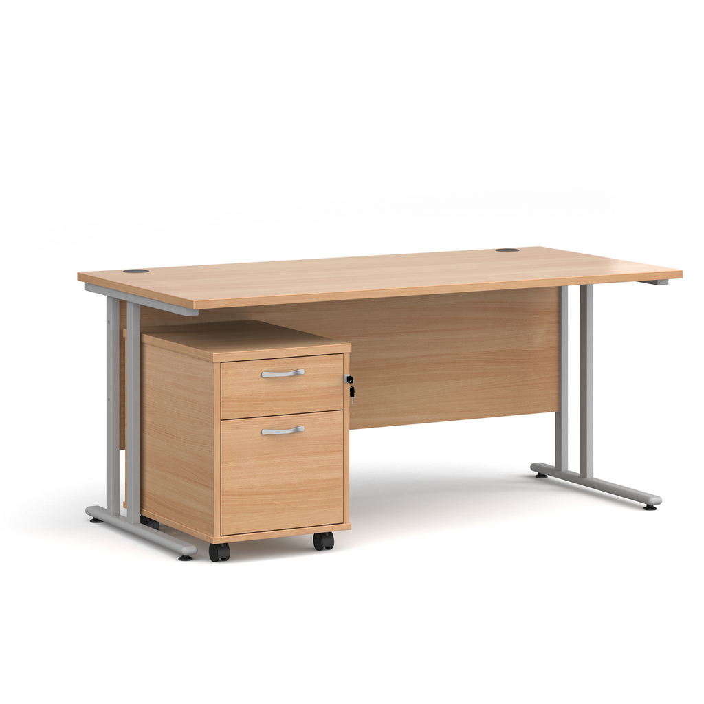 Picture of Maestro 25 straight desk 1600mm x 800mm with silver cantilever frame and 2 drawer pedestal - beech