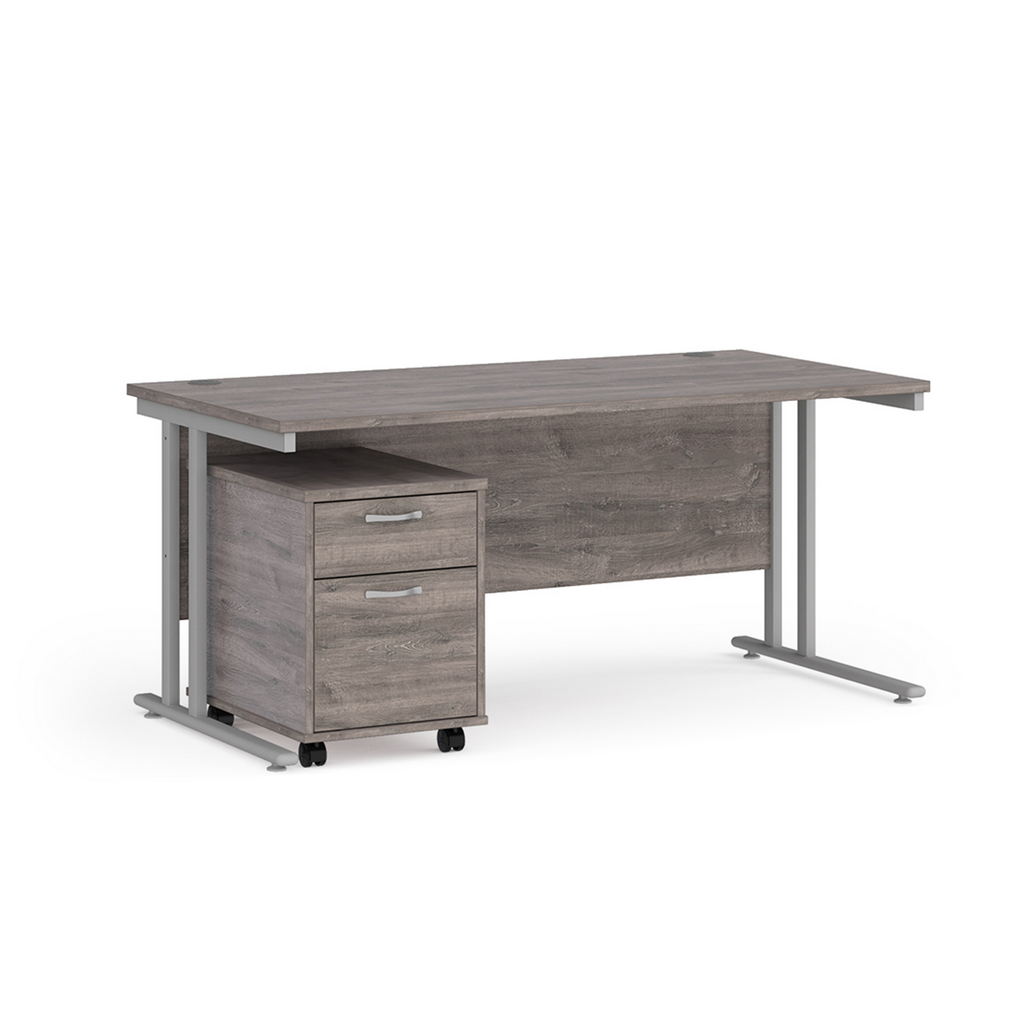 Picture of Maestro 25 straight desk 1600mm x 800mm with silver cantilever frame and 2 drawer pedestal - grey oak