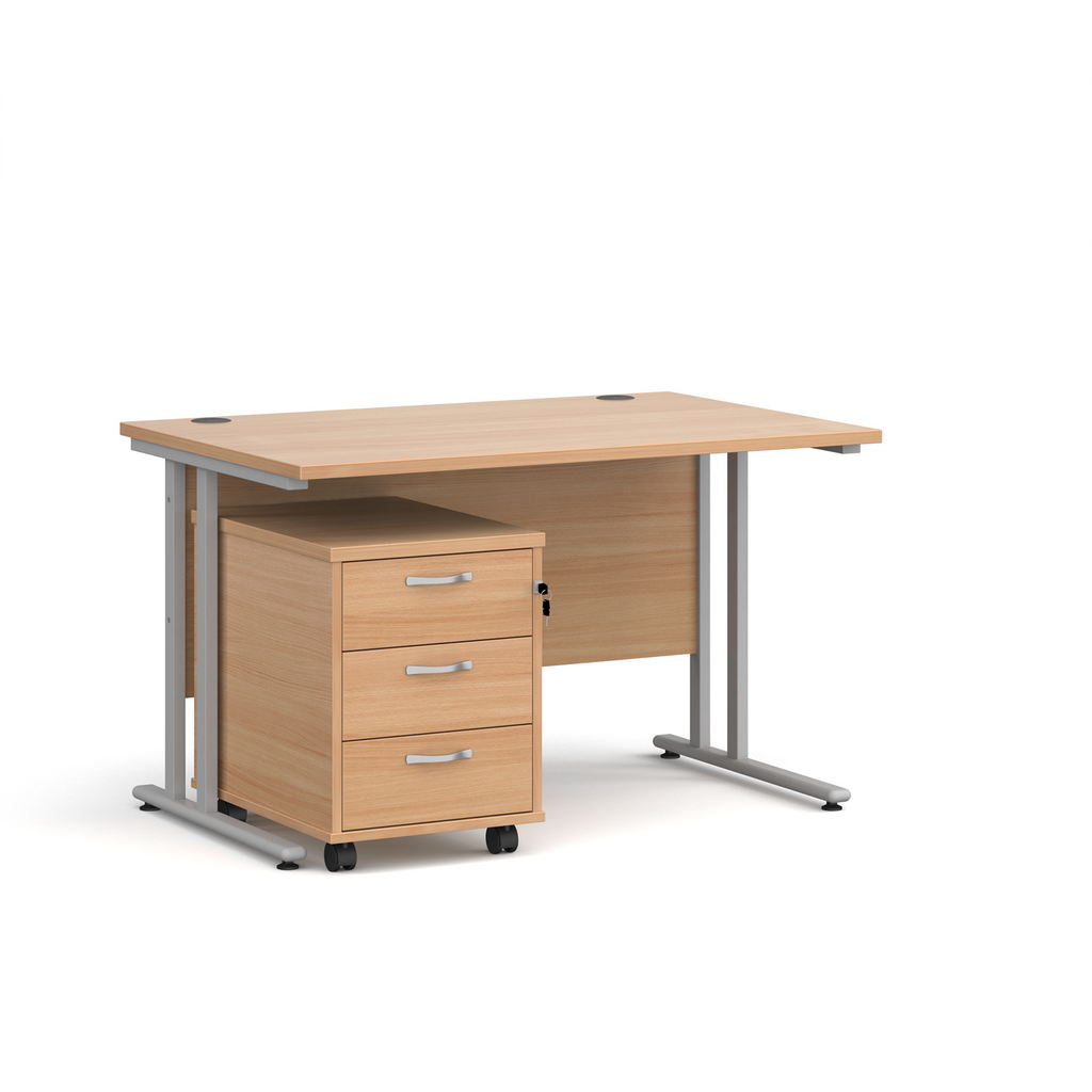 Picture of Maestro 25 straight desk 1200mm x 800mm with silver cantilever frame and 3 drawer pedestal - beech