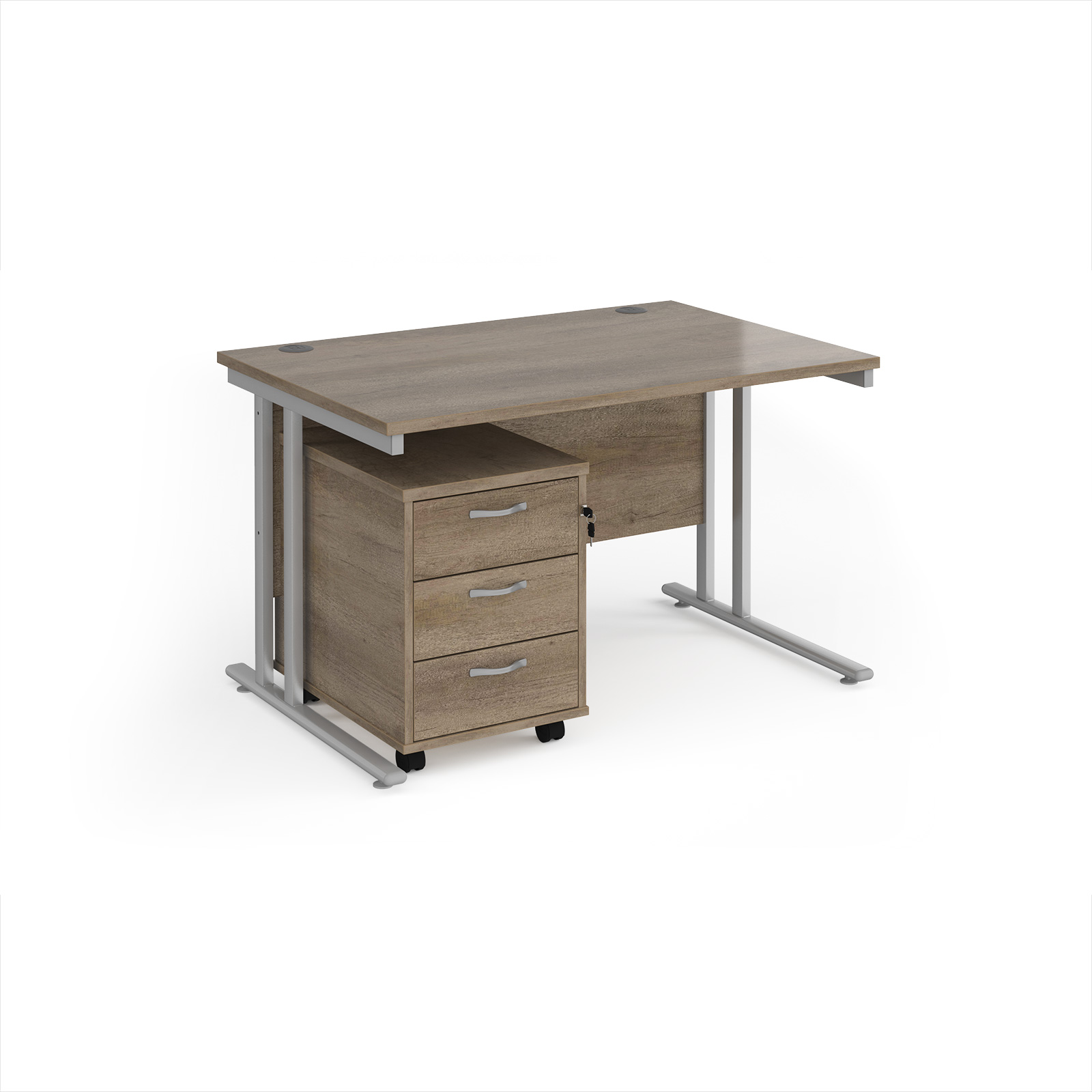 Picture of Maestro 25 straight desk 1200mm x 800mm with silver cantilever frame and 3 drawer pedestal - Nebraska Oak