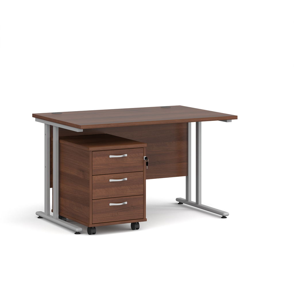 Picture of Maestro 25 straight desk 1200mm x 800mm with silver cantilever frame and 3 drawer pedestal - walnut