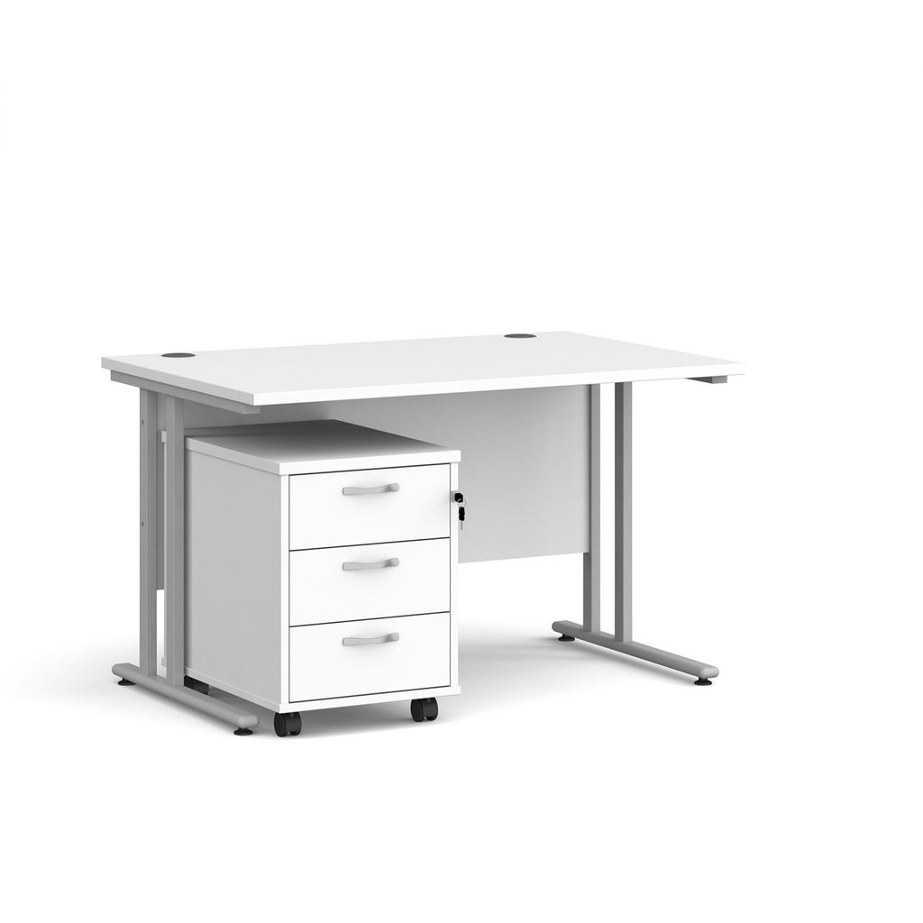 Picture of Maestro 25 straight desk 1200mm x 800mm with silver cantilever frame and 3 drawer pedestal - white