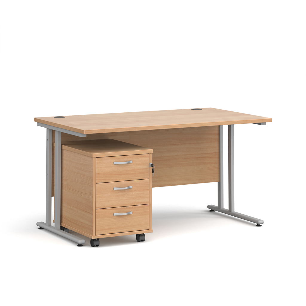 Picture of Maestro 25 straight desk 1400mm x 800mm with silver cantilever frame and 3 drawer pedestal - beech