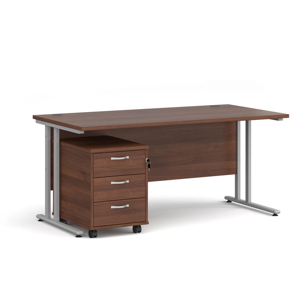 Picture of Maestro 25 straight desk 1600mm x 800mm with silver cantilever frame and 3 drawer pedestal - walnut