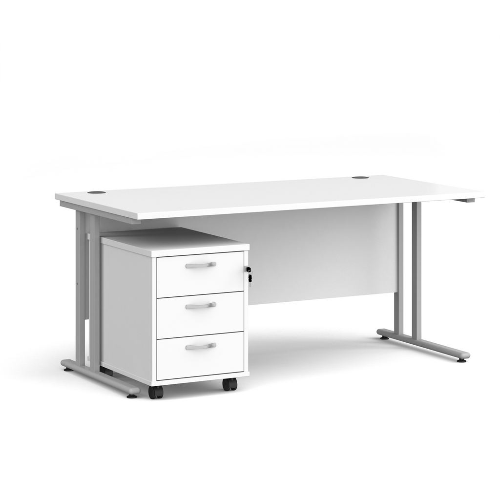Picture of Maestro 25 straight desk 1600mm x 800mm with silver cantilever frame and 3 drawer pedestal - white