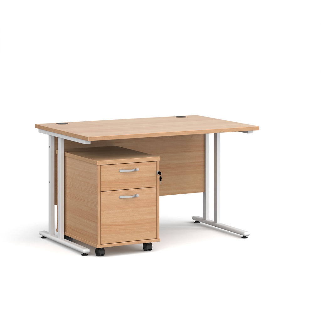 Picture of Maestro 25 straight desk 1200mm x 800mm with white cantilever frame and 2 drawer pedestal - beech