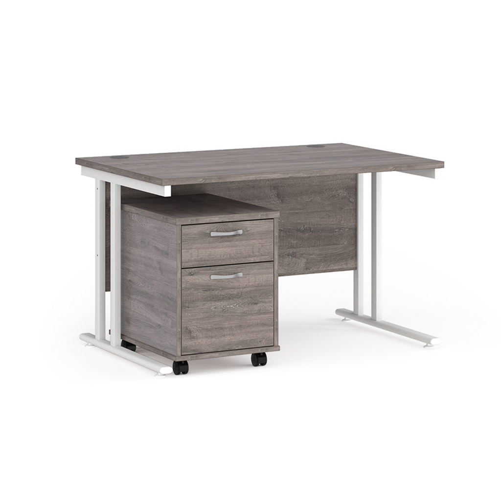 Picture of Maestro 25 straight desk 1200mm x 800mm with white cantilever frame and 2 drawer pedestal - grey oak