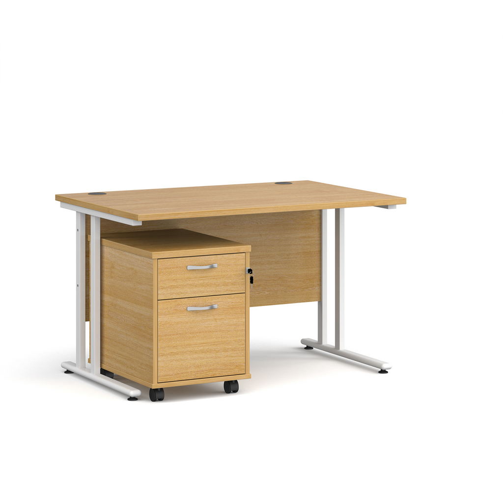 Picture of Maestro 25 straight desk 1200mm x 800mm with white cantilever frame and 2 drawer pedestal - oak