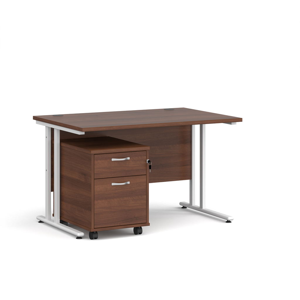 Picture of Maestro 25 straight desk 1200mm x 800mm with white cantilever frame and 2 drawer pedestal - walnut