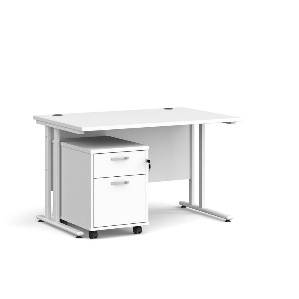 Picture of Maestro 25 straight desk 1200mm x 800mm with white cantilever frame and 2 drawer pedestal - white