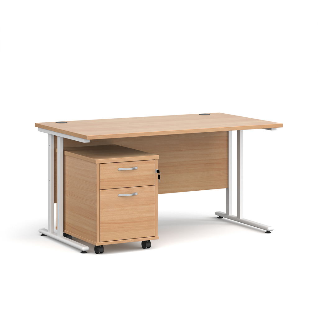 Picture of Maestro 25 straight desk 1400mm x 800mm with white cantilever frame and 2 drawer pedestal - beech