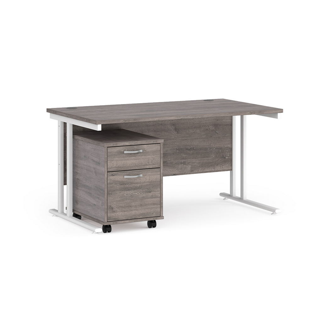 Picture of Maestro 25 straight desk 1400mm x 800mm with white cantilever frame and 2 drawer pedestal - grey oak