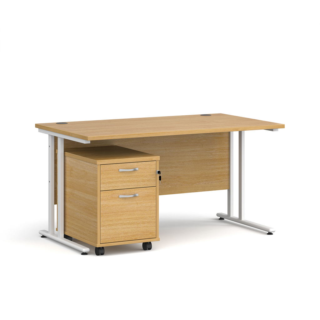 Picture of Maestro 25 straight desk 1400mm x 800mm with white cantilever frame and 2 drawer pedestal - oak