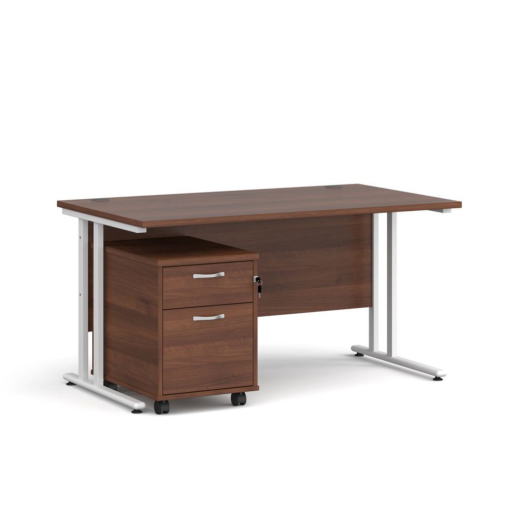 Picture of Maestro 25 straight desk 1400mm x 800mm with white cantilever frame and 2 drawer pedestal - walnut