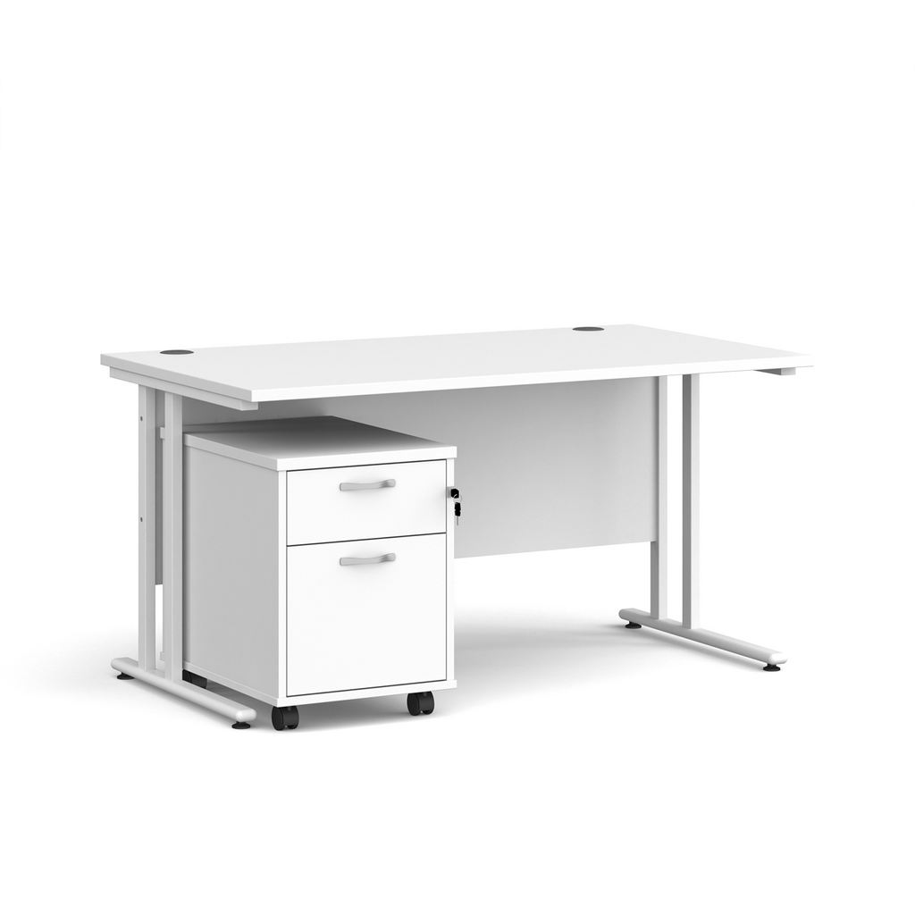 Picture of Maestro 25 straight desk 1400mm x 800mm with white cantilever frame and 2 drawer pedestal - white