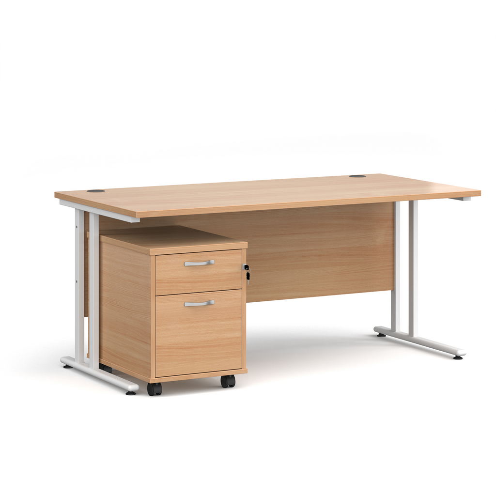 Picture of Maestro 25 straight desk 1600mm x 800mm with white cantilever frame and 2 drawer pedestal - beech