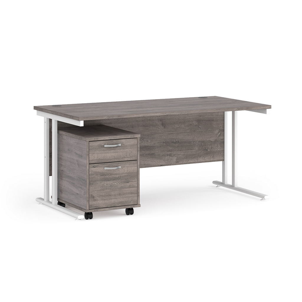 Picture of Maestro 25 straight desk 1600mm x 800mm with white cantilever frame and 2 drawer pedestal - grey oak