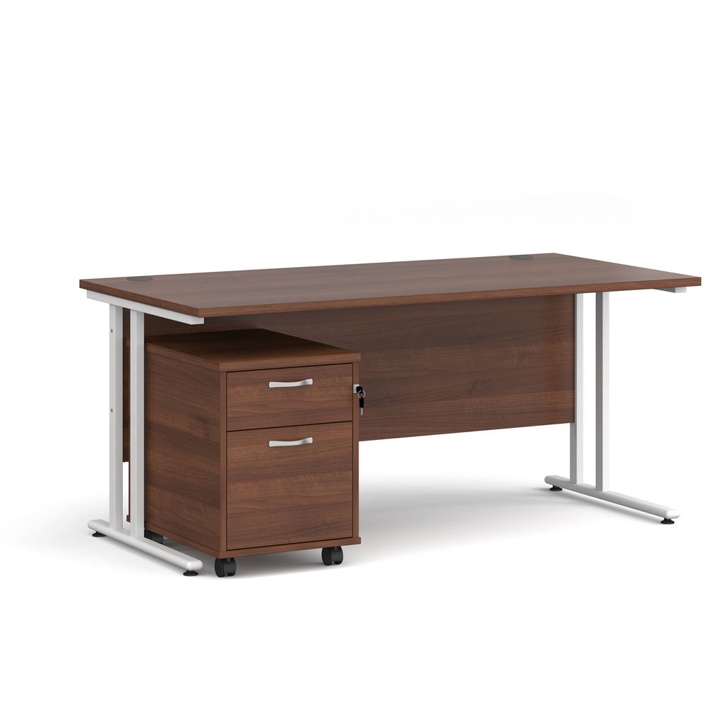 Picture of Maestro 25 straight desk 1600mm x 800mm with white cantilever frame and 2 drawer pedestal - walnut