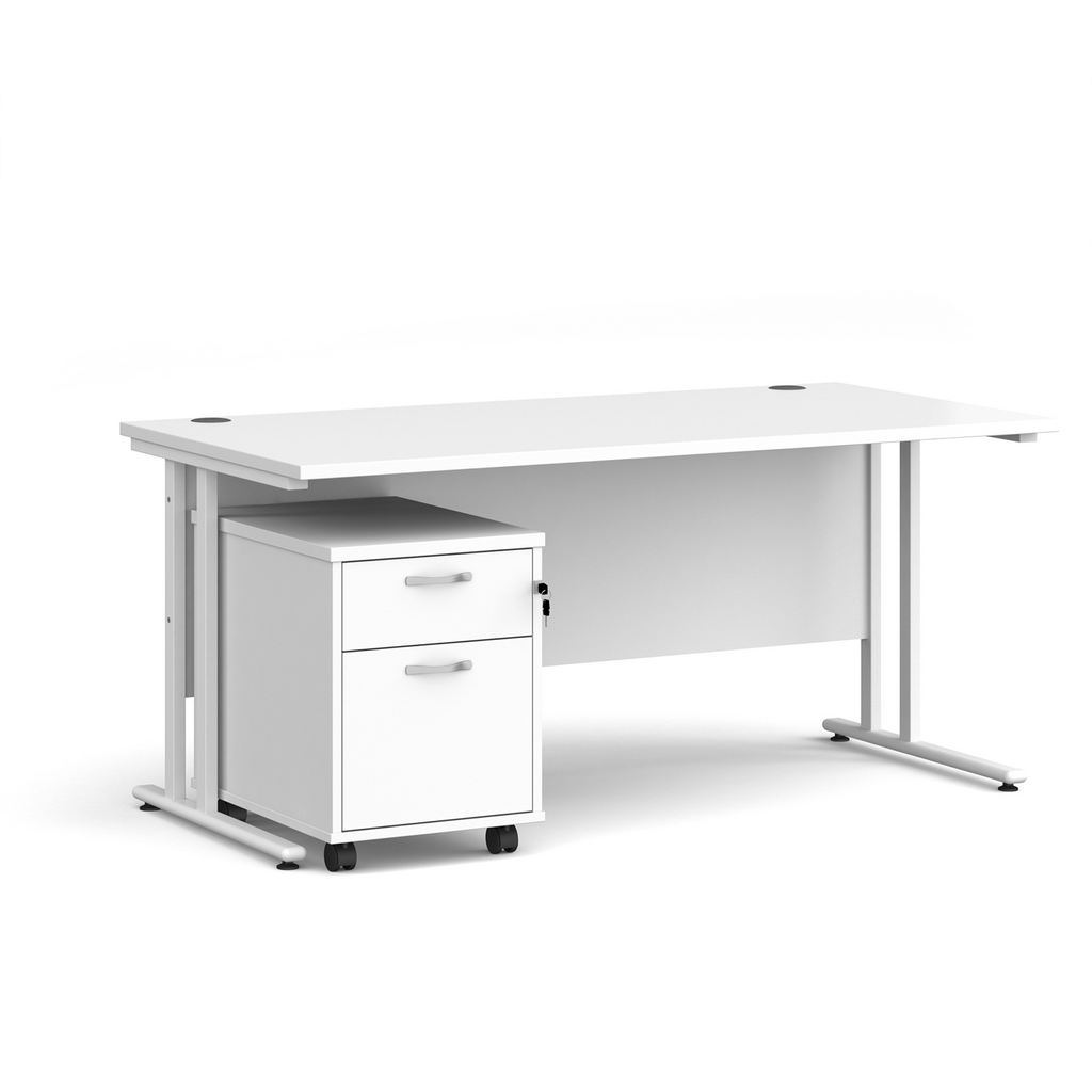 Picture of Maestro 25 straight desk 1600mm x 800mm with white cantilever frame and 2 drawer pedestal - white