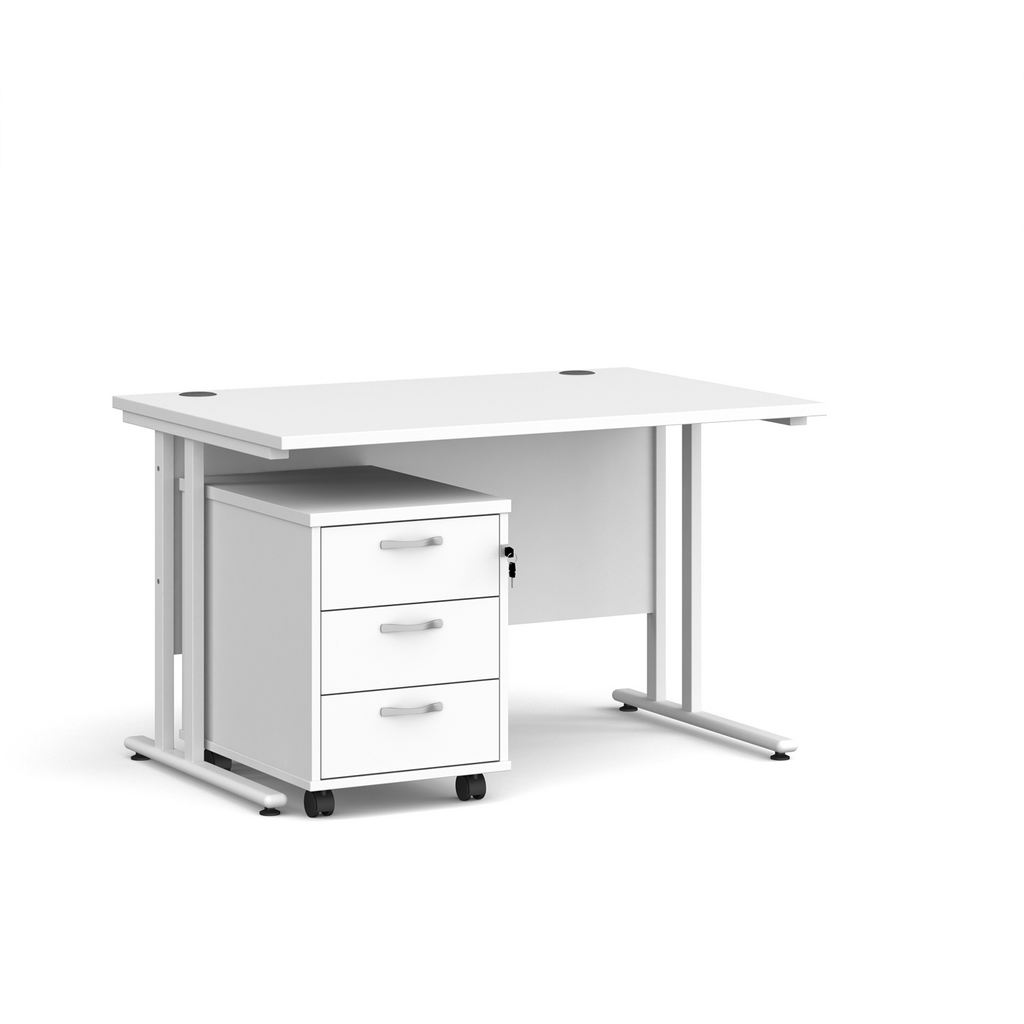 Picture of Maestro 25 straight desk 1200mm x 800mm with white cantilever frame and 3 drawer pedestal - white