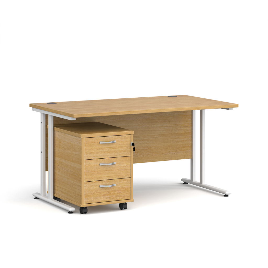 Picture of Maestro 25 straight desk 1400mm x 800mm with white cantilever frame and 3 drawer pedestal - oak