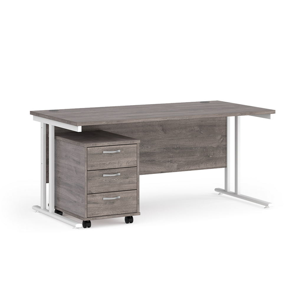 Picture of Maestro 25 straight desk 1600mm x 800mm with white cantilever frame and 3 drawer pedestal - grey oak