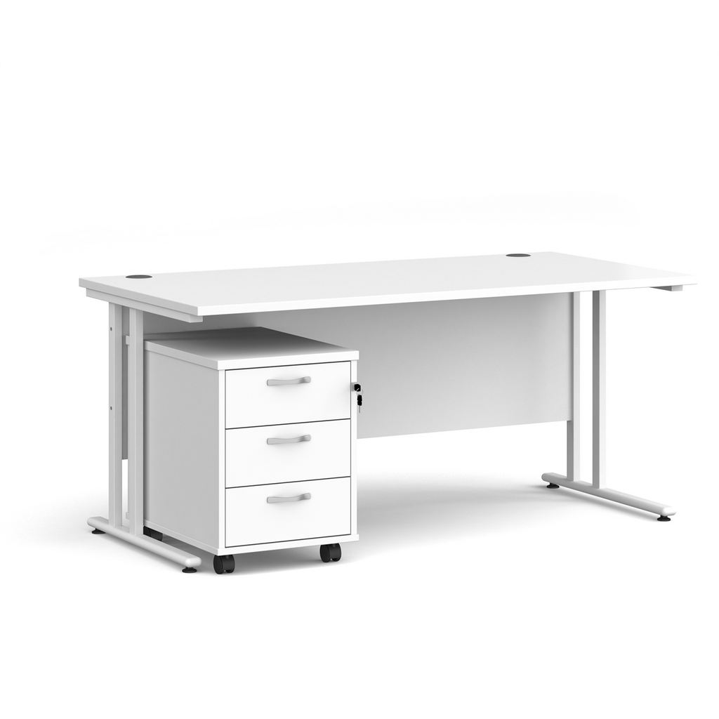 Picture of Maestro 25 straight desk 1600mm x 800mm with white cantilever frame and 3 drawer pedestal - white