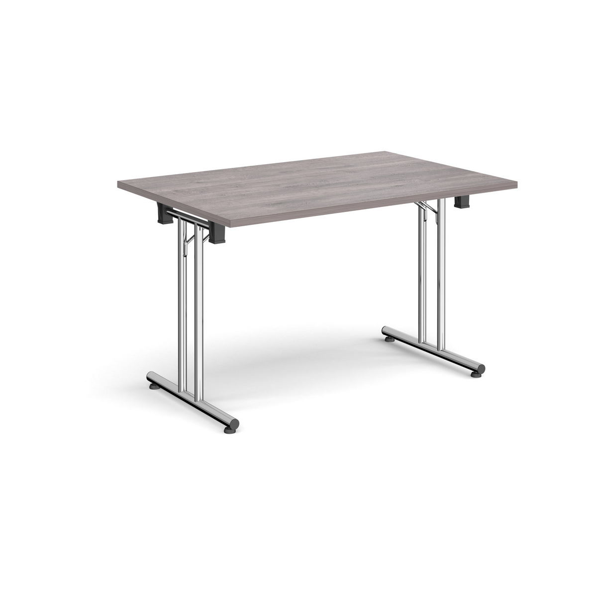 Picture of Rectangular folding leg table with chrome legs and straight foot rails 1200mm x 800mm - grey oak