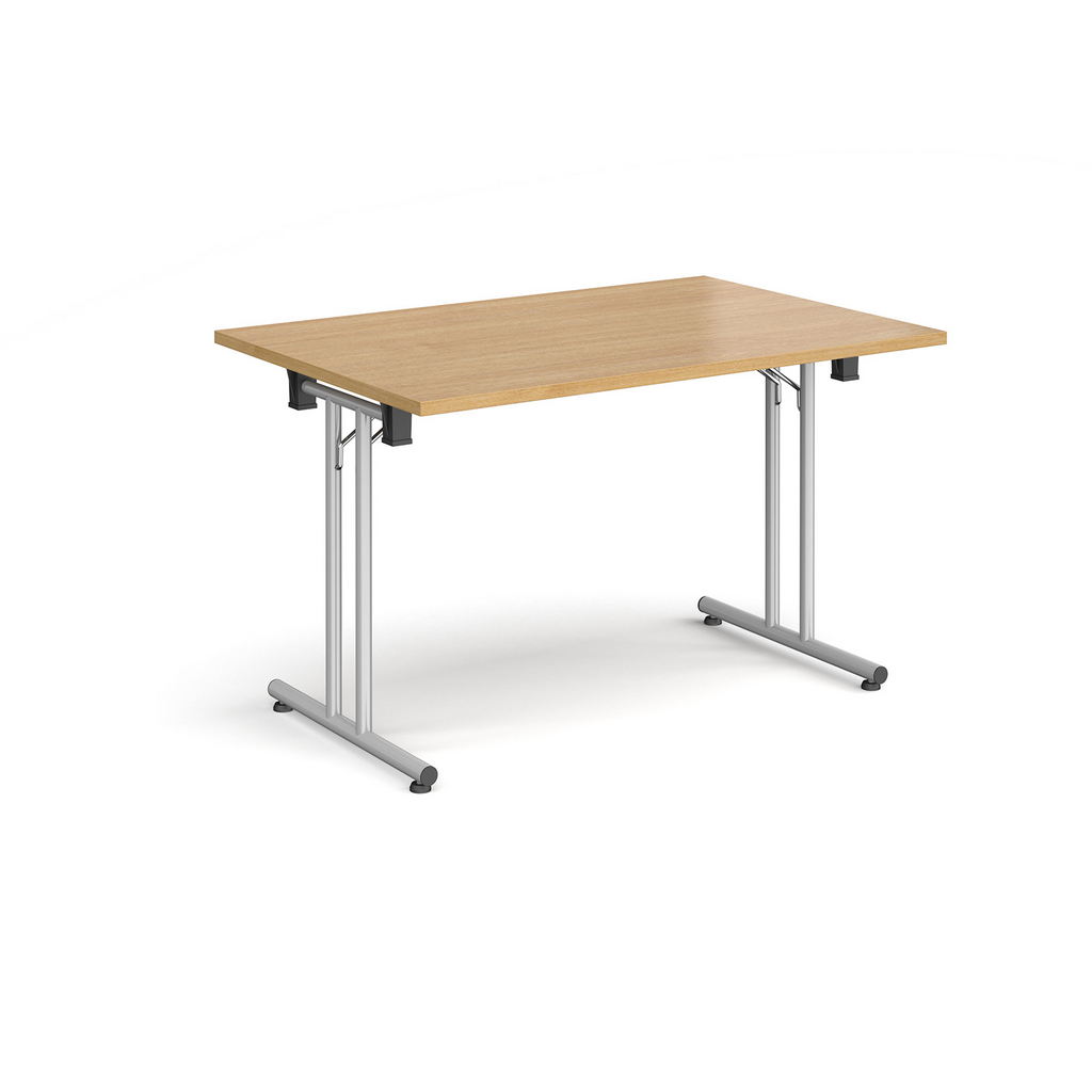 Picture of Rectangular folding leg table with silver legs and straight foot rails 1200mm x 800mm - oak
