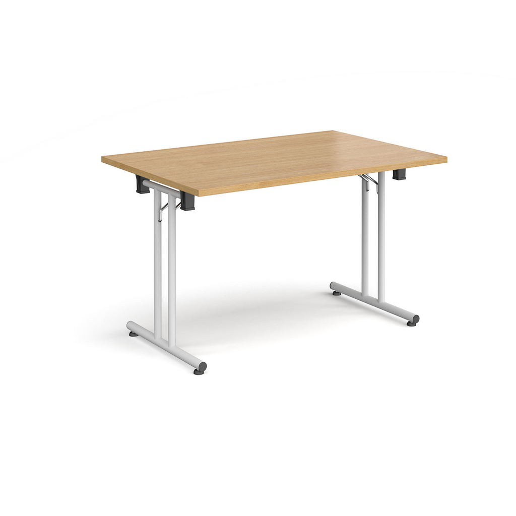Picture of Rectangular folding leg table with white legs and straight foot rails 1200mm x 800mm - oak