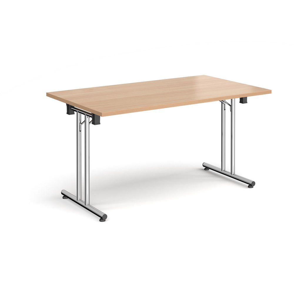Picture of Rectangular folding leg table with chrome legs and straight foot rails 1400mm x 800mm - beech