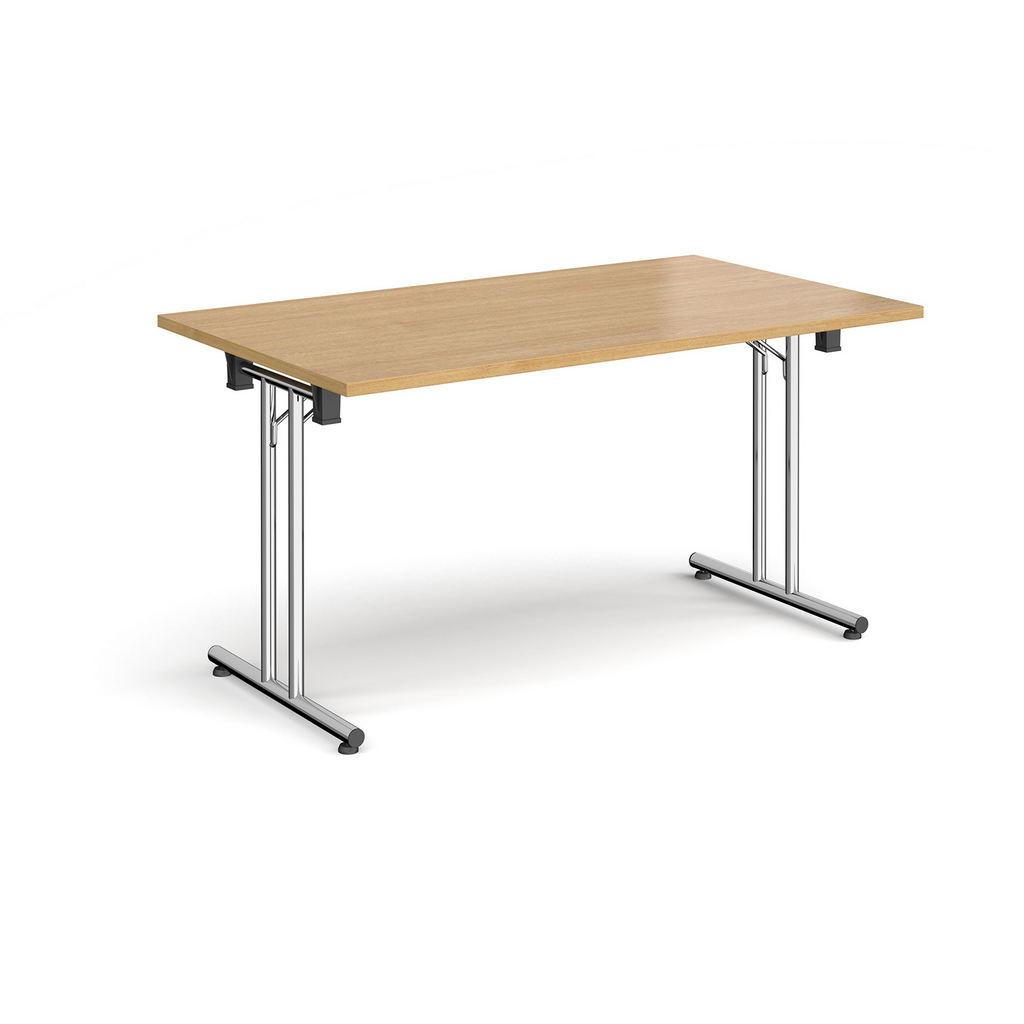 Picture of Rectangular folding leg table with chrome legs and straight foot rails 1400mm x 800mm - oak