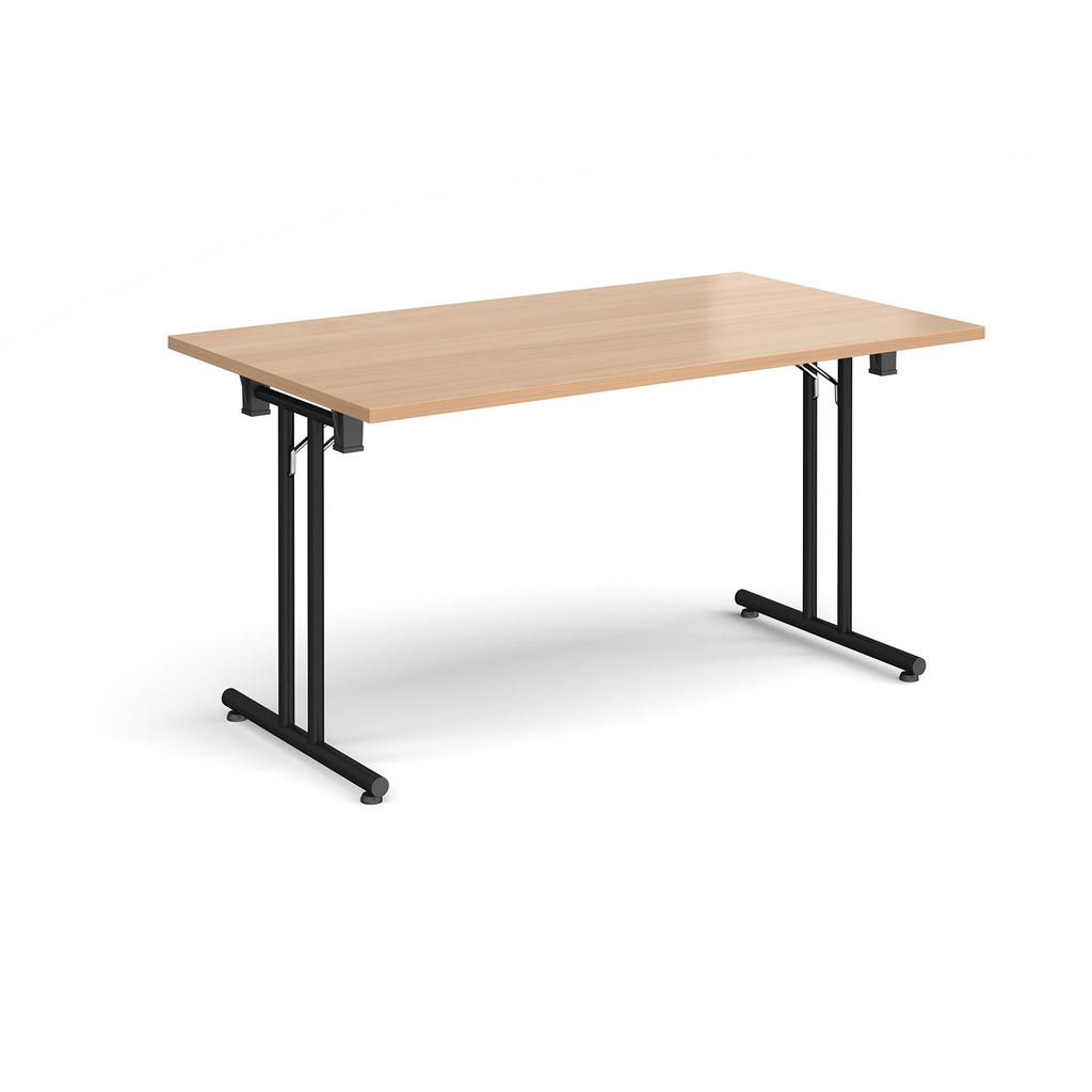 Picture of Rectangular folding leg table with black legs and straight foot rails 1400mm x 800mm - beech